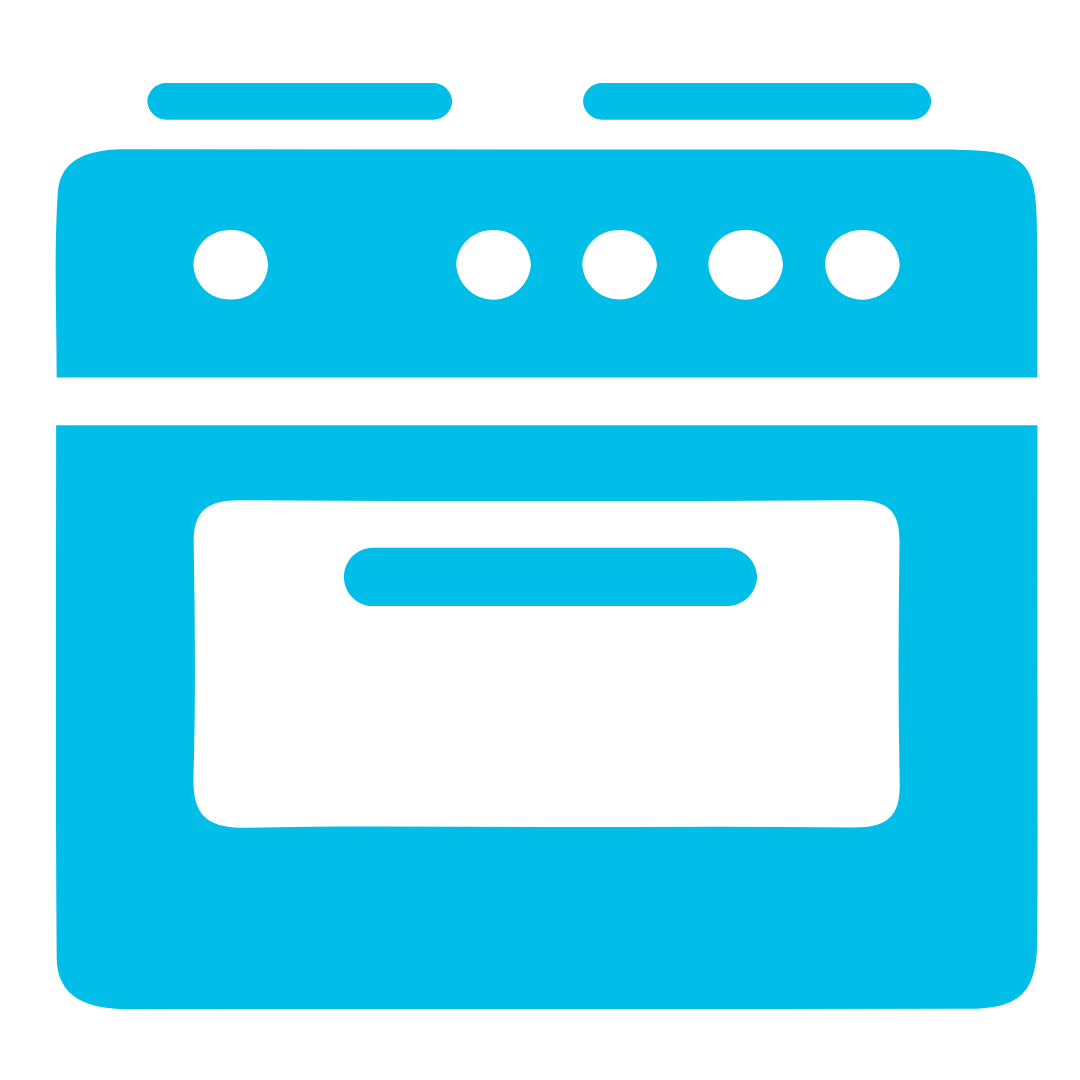 Blue icon of a kitchen oven with control knobs and a windowed door.