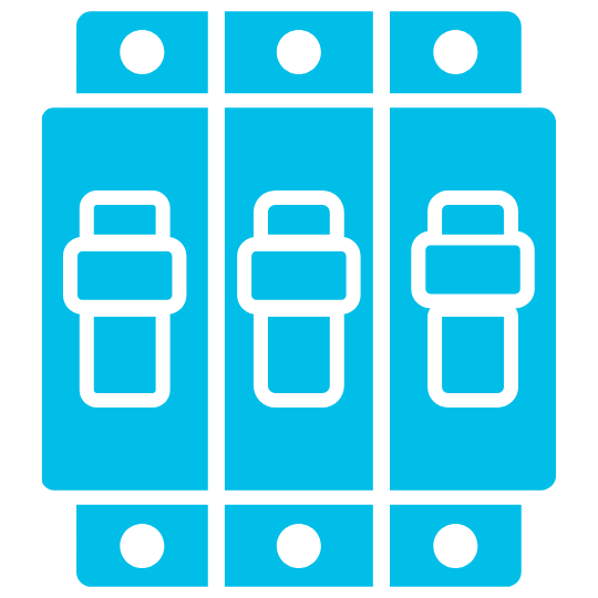 Icon of three blue electrical circuit breakers with toggle switches.