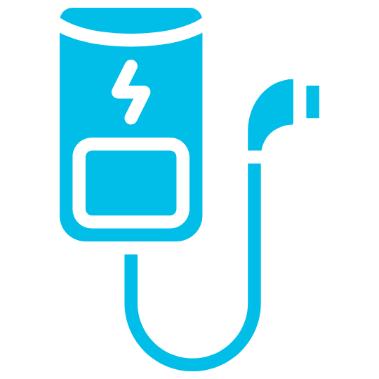 Blue electric vehicle charging station with cable and plug.