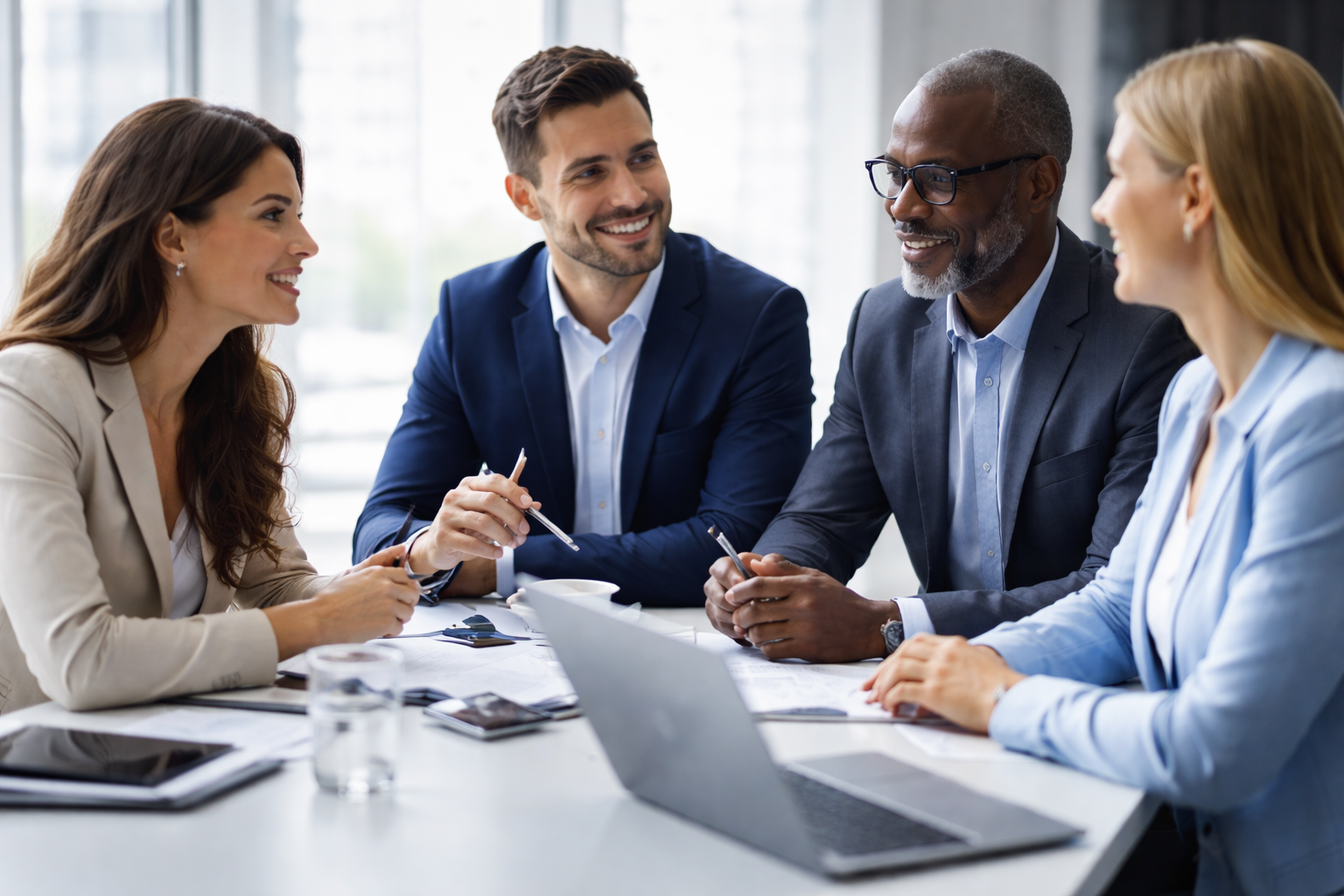 Business leaders collaborating on strategic decisions in a professional office environment.