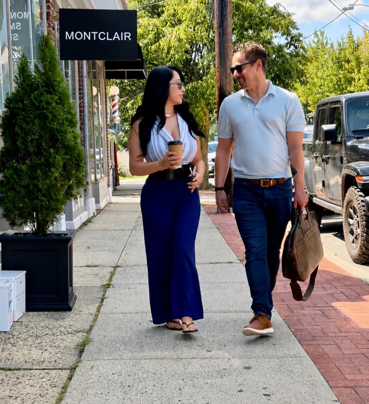 Scott and Andrea of ClearGuide AI walking in downtown Montclair, New Jersey