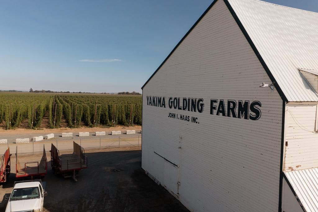 Aerial view of the Yakima Golding Farms facility by John I. Haas Inc., showing the scale of vertically integrated hop production.