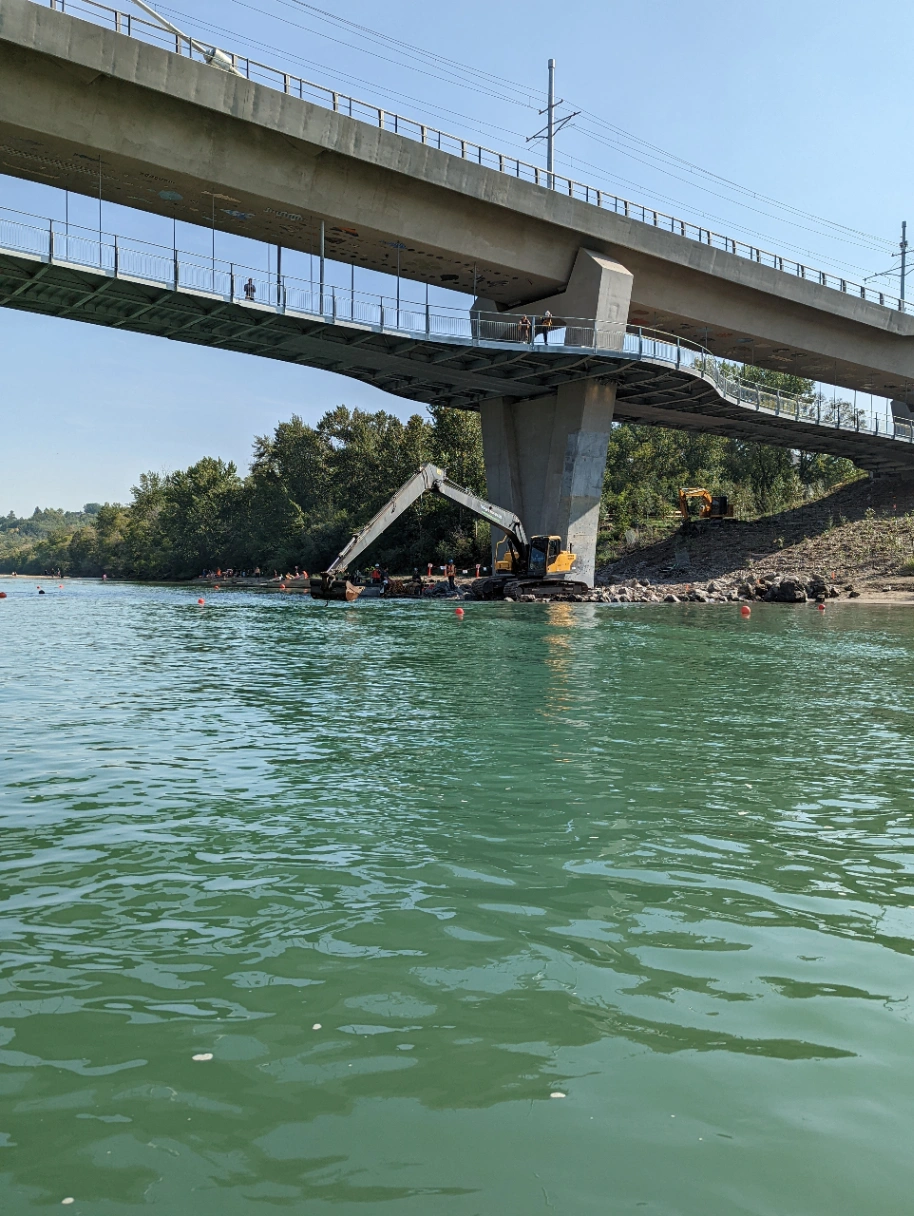 Two construction excavators working by a green river beneath a concrete bridge with trees in the background.