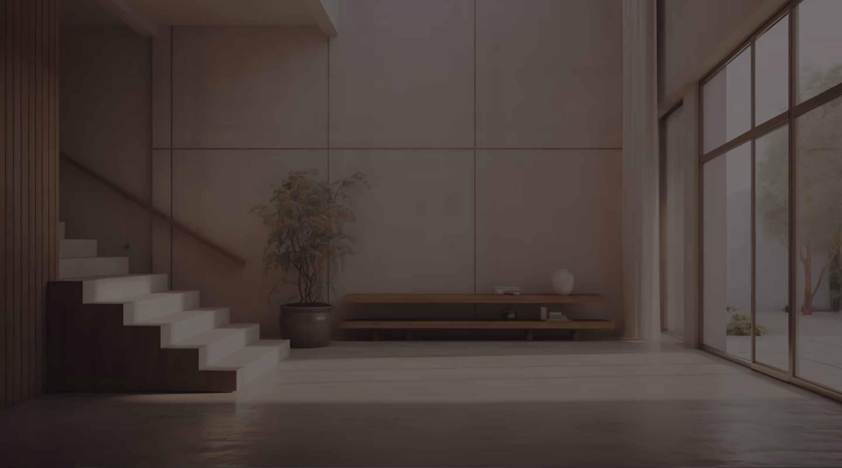Minimalist interior with floating white stairs, large potted plant, wooden bench, and floor-to-ceiling windows.