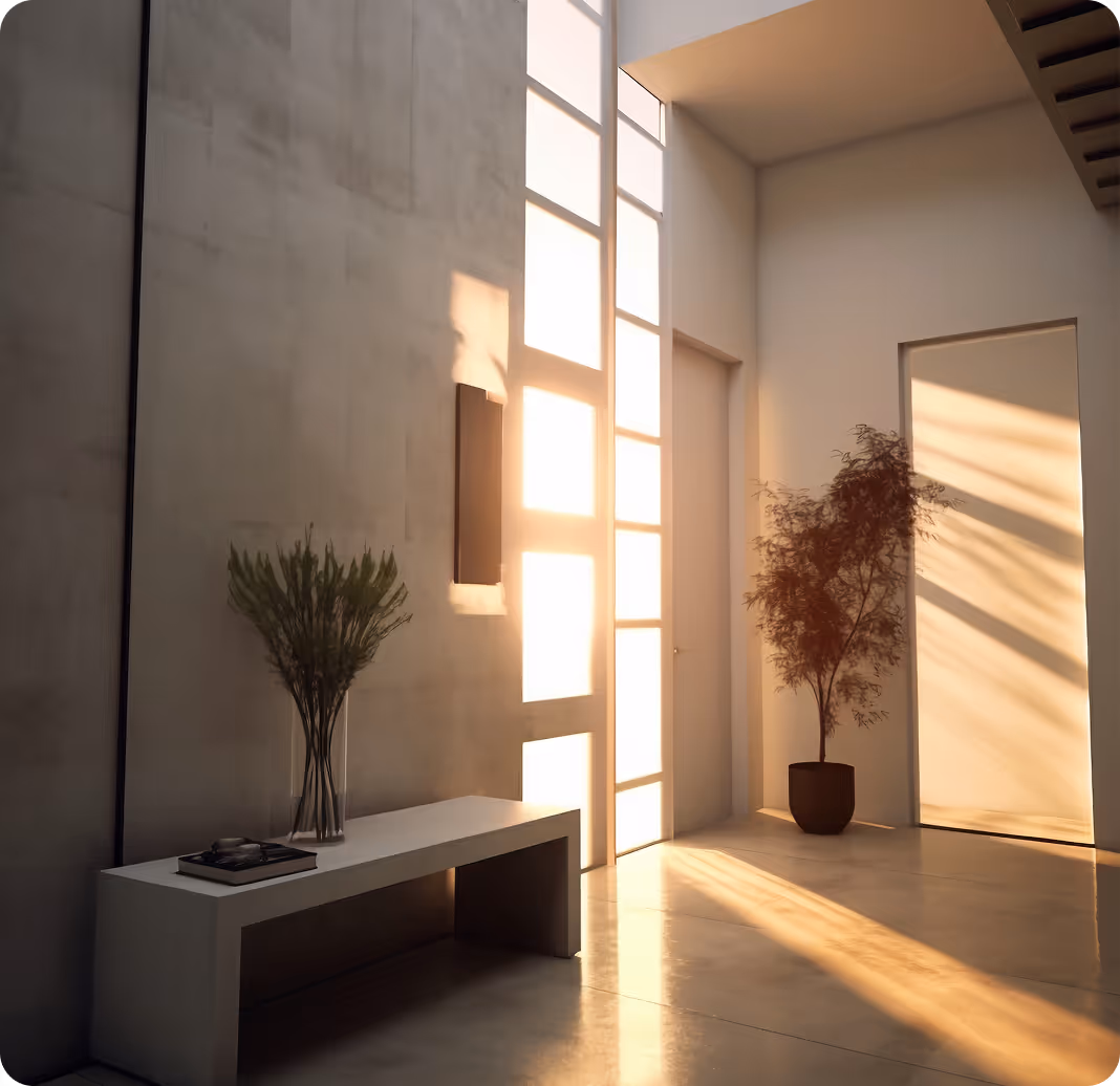 Minimalist room with sunlight casting grid-pattern shadows on walls, featuring a white bench with a glass vase of plants and a potted small tree.
