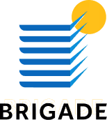 Blue stacked horizontal bars arranged in a 3D block with a yellow sun shape in the top right corner, and text 'BRIGADE' below.