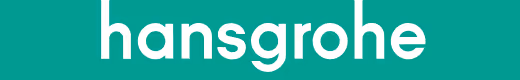 Hansgrohe brand logo in white lowercase letters on a teal background.
