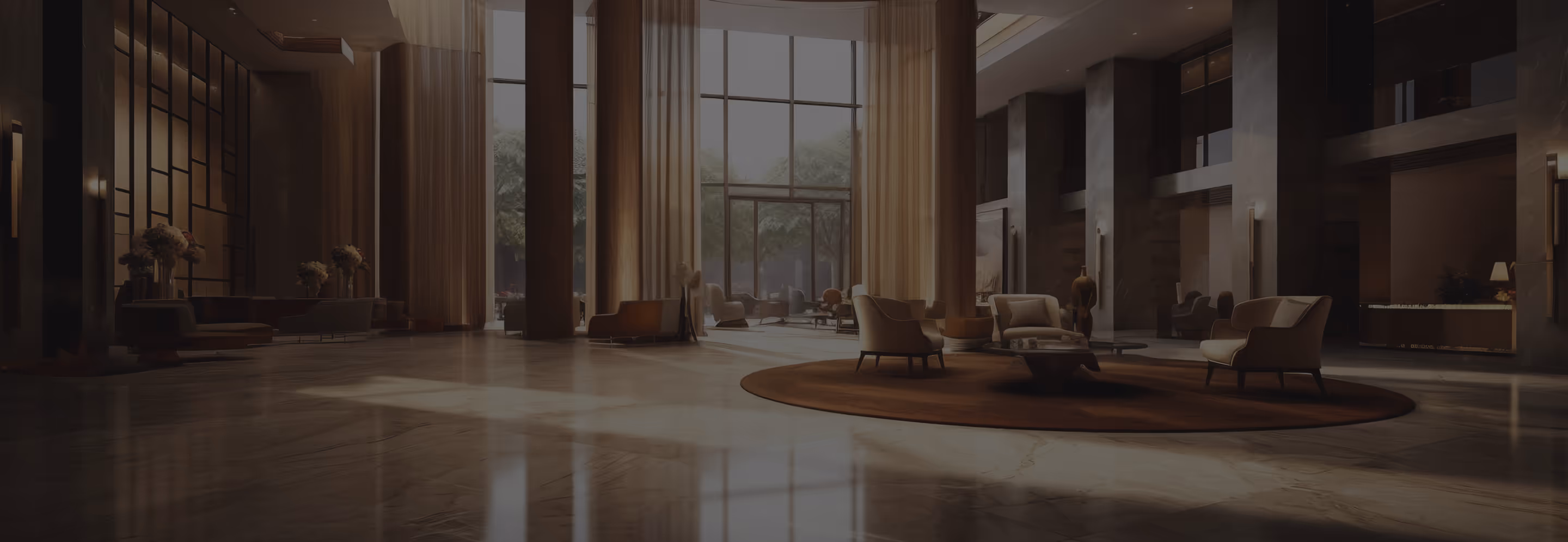 Spacious hotel lobby with marble floor, large windows with sheer curtains, seating areas with armchairs, and decorative flower arrangements.