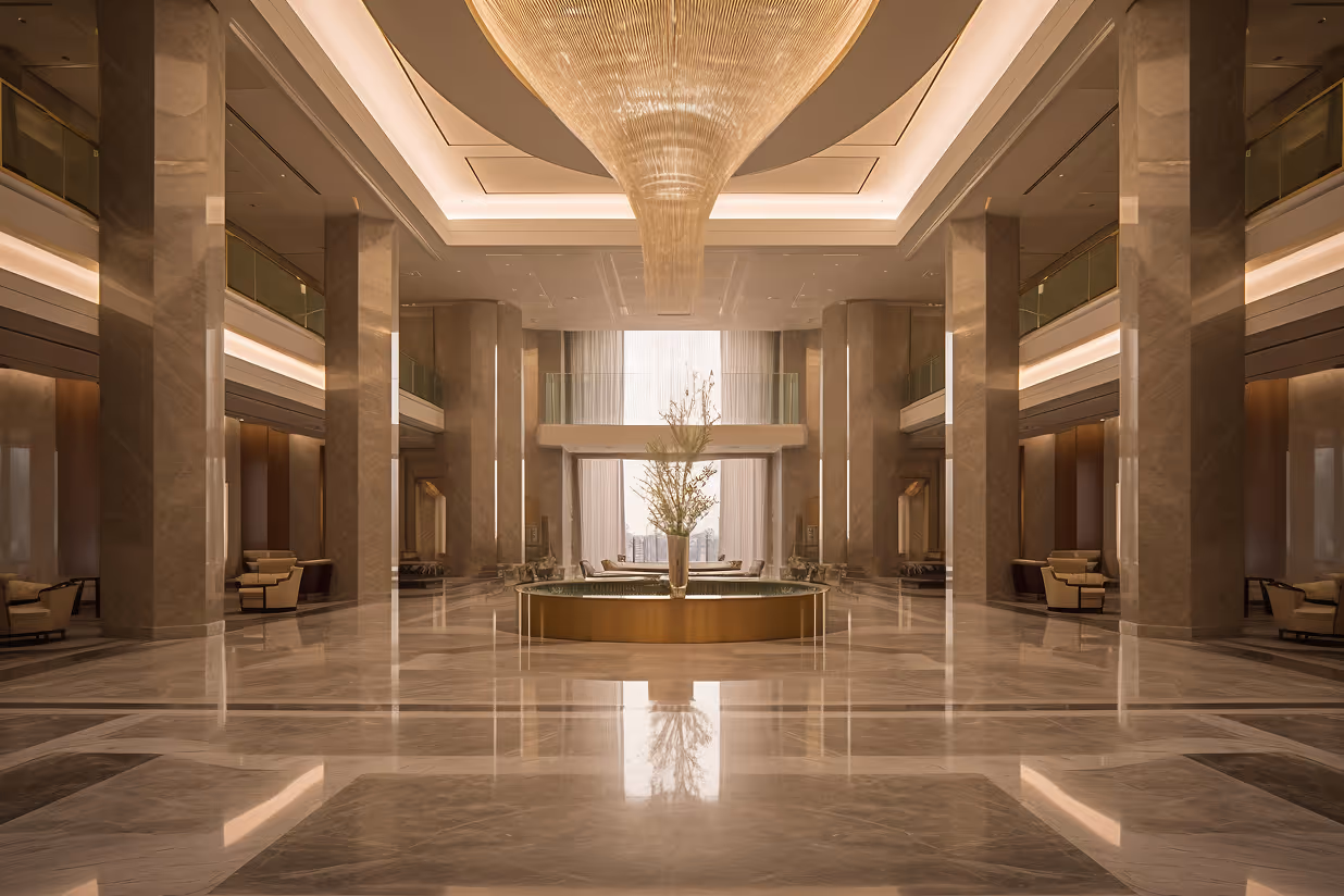 Luxurious hotel lobby with polished marble floors, tall columns, a central round fountain with floral arrangement, and a large elegant chandelier overhead.