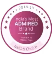 Circular badge stating 'India's Most Admired Brand 2018-19, affirm by White Paper, India's Choice'.