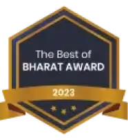 Hexagonal badge with gold border reading 'The Best of BHARAT AWARD 2023' with three gold stars at the bottom.
