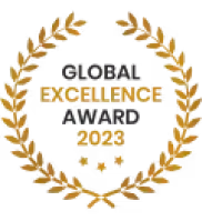 Gold laurel wreath encircling the text Global Excellence Award 2023 with four gold stars below.