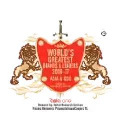 Award emblem with two lions holding a red shield that reads 'World's Greatest Brands & Leaders 2016-17 ASIA & GCC'.
