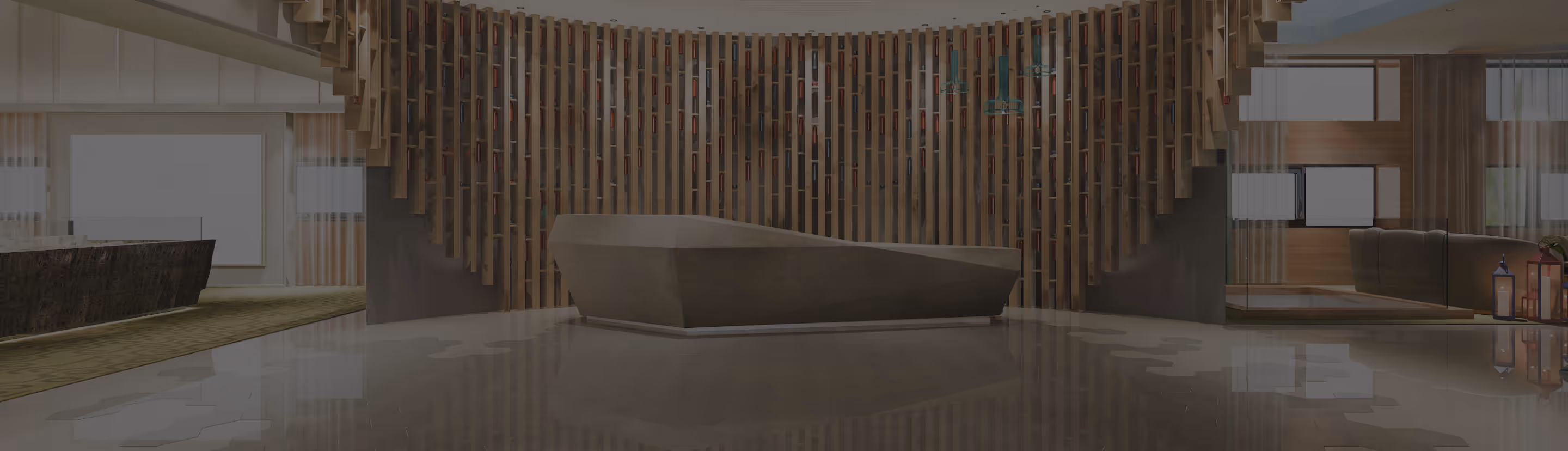 Modern hotel lobby with a large geometric reception desk, wooden vertical slats behind it, and a seating area enclosed in glass on the right.