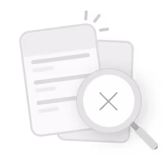 Magnifying glass with an X symbol over two overlapping document pages representing no results found.
