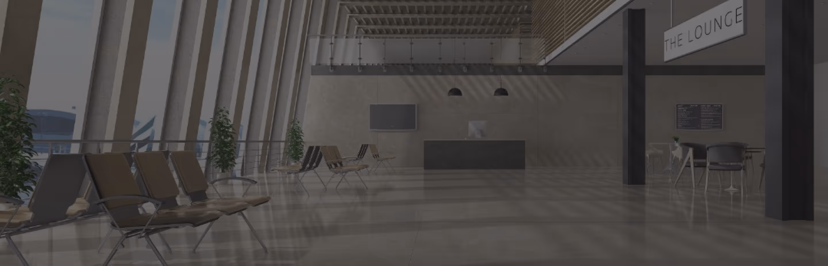 Spacious modern waiting area with rows of chairs, large windows, plants, a reception desk, and an adjacent lounge.