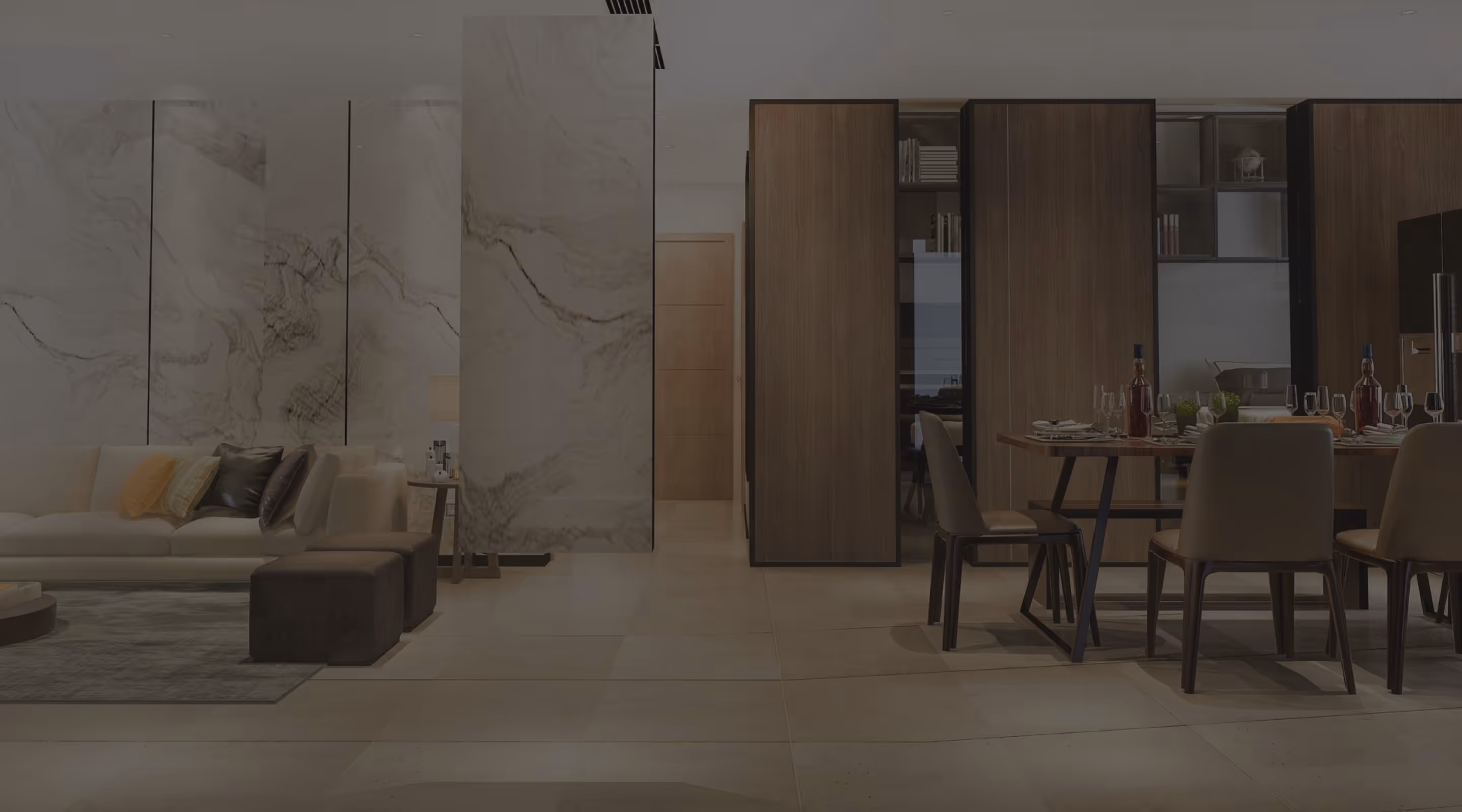 Minimalist interior with floating white stairs, large potted plant, wooden bench, and floor-to-ceiling windows.
