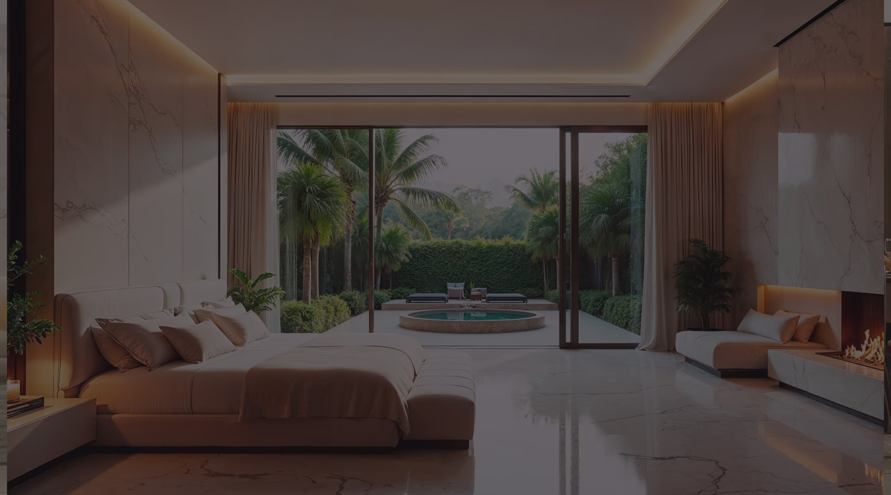 Minimalist interior with floating white stairs, large potted plant, wooden bench, and floor-to-ceiling windows.