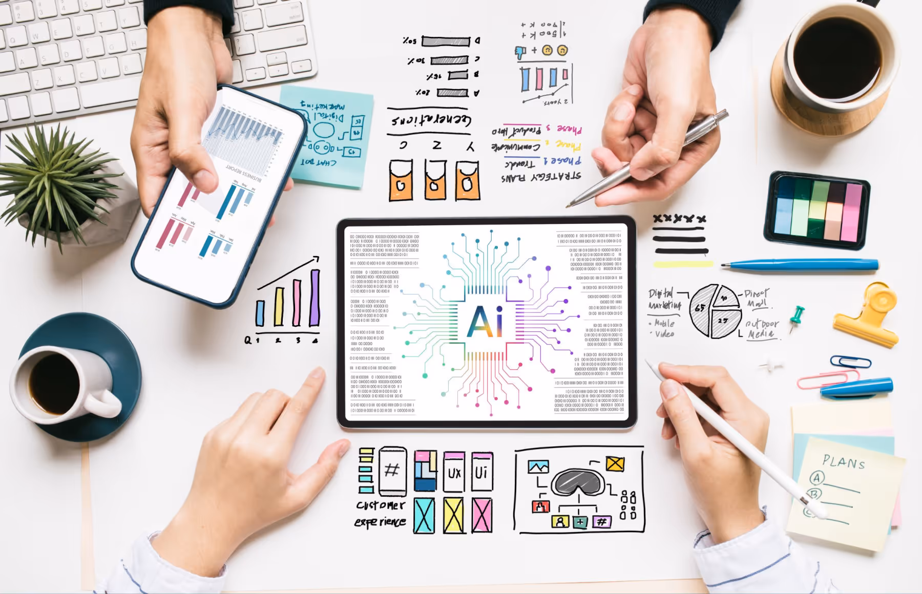 Tablet with AI microchip displayed on a table covered in marketing related notes