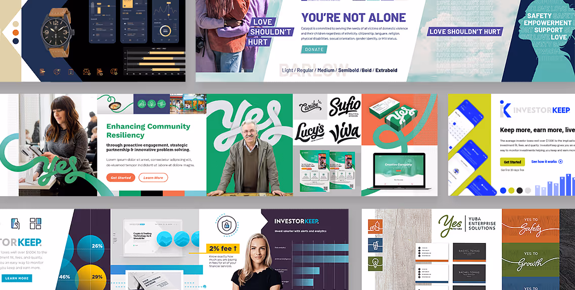 Branding examples with different colors fonts and brands