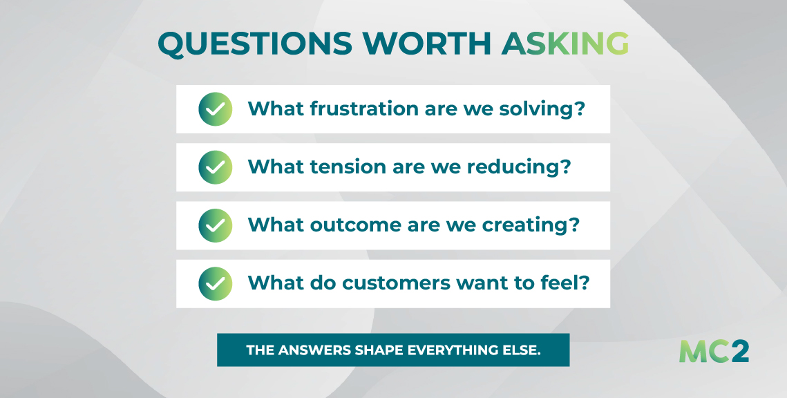 Infographic about Questions worth asking. What frustration are we solving? What tension are we reducing? What outcomes are we creating? What do customers want to feel?