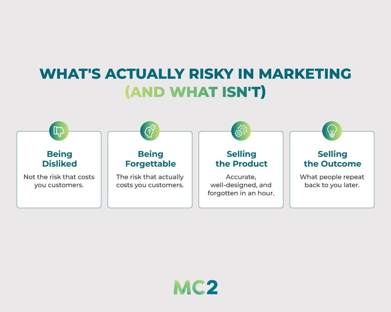 What's actually risky in marketing (and what isn't). Being disliked, being forgettable, selling the product, selling the outcome.