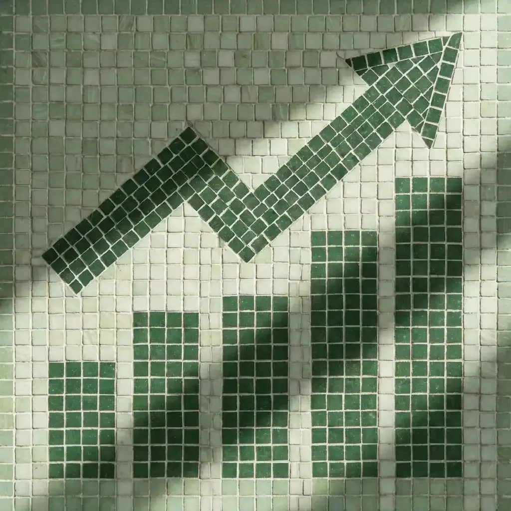 Mosaic tiles forming a green upward trending bar chart with an arrow. Perfected Wealth Management Investment Management.