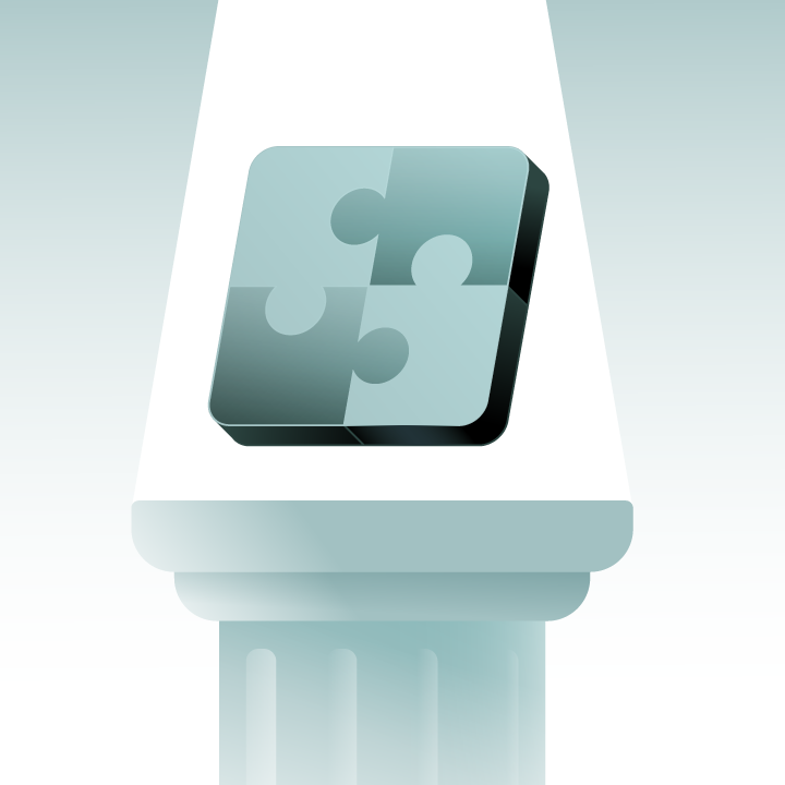 Four-piece jigsaw puzzle arranged in a square on a white pedestal with a gradient blue background. Perfected Wealth Presentation.