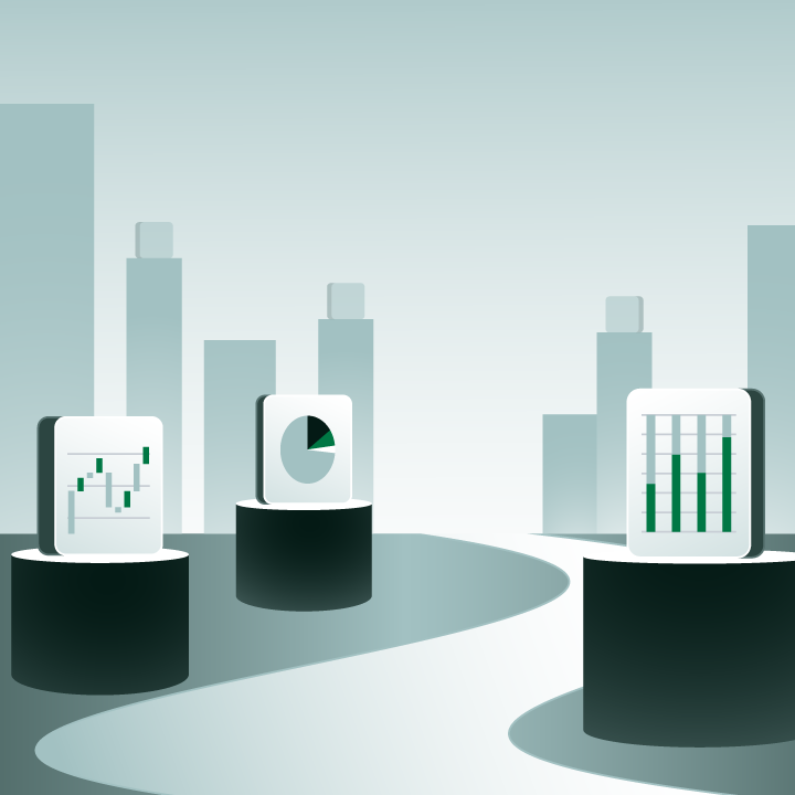 Three digital screens displaying financial charts including candlestick, pie, and bar graphs on cylindrical podiums with city skyline in the background. Perfected Wealth Ongoing Partnership.