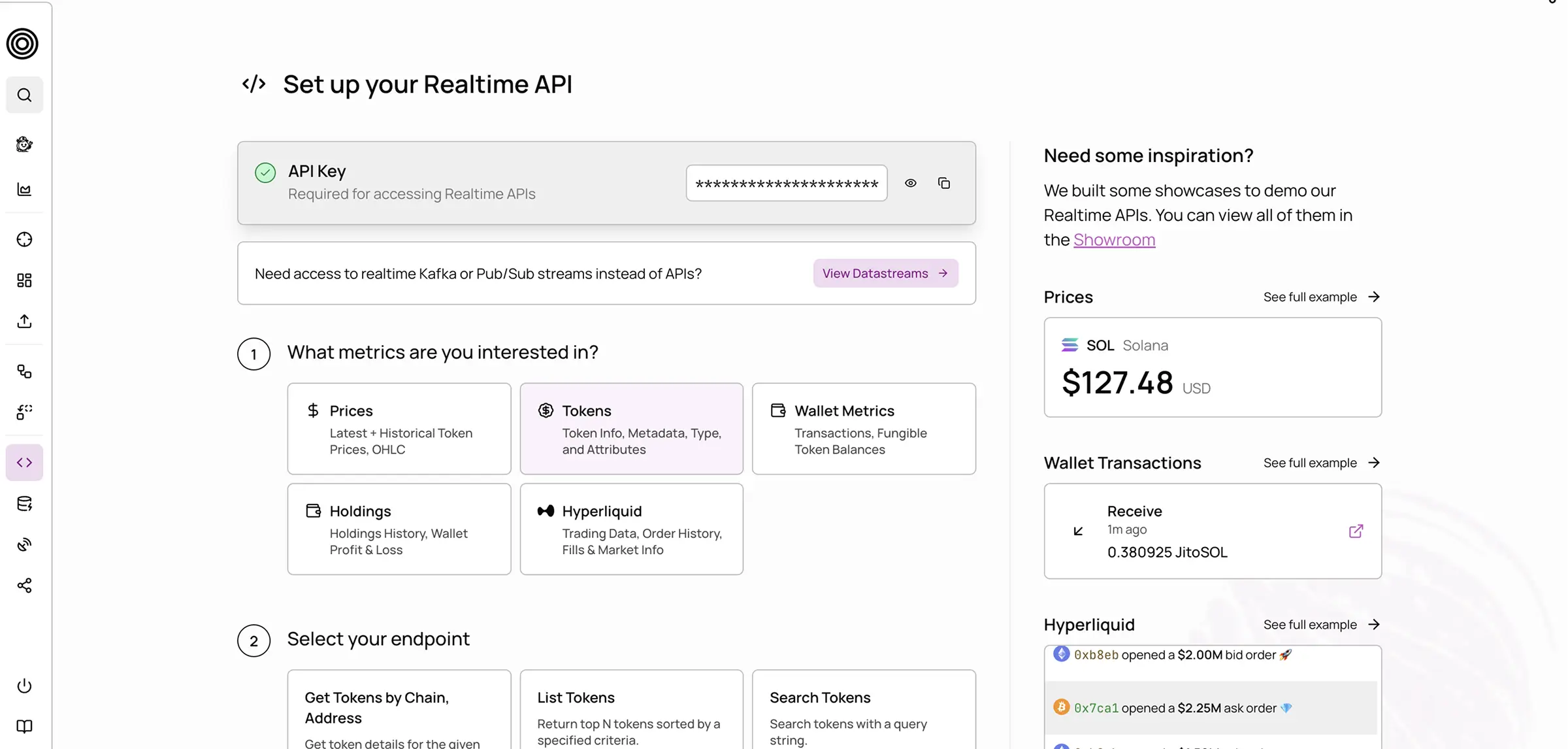 Dashboard interface for setting up a Realtime API, showing API key input, metric options like Prices, Tokens, Wallet Metrics, Holdings, and Hyperliquid, endpoint selection, and example prices and wallet transactions for Solana.