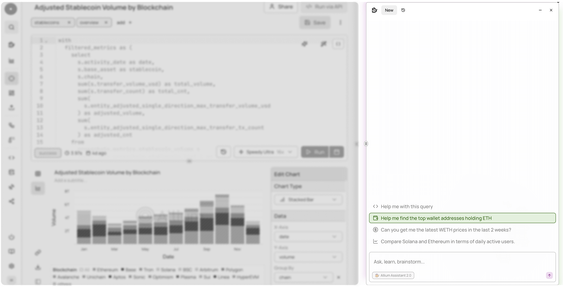 Screenshot of an analytics interface showing a SQL query for adjusted stablecoin volume by blockchain on the left and a chat assistant on the right with queries about wallet addresses holding ETH, WETH prices, and blockchain user comparisons.