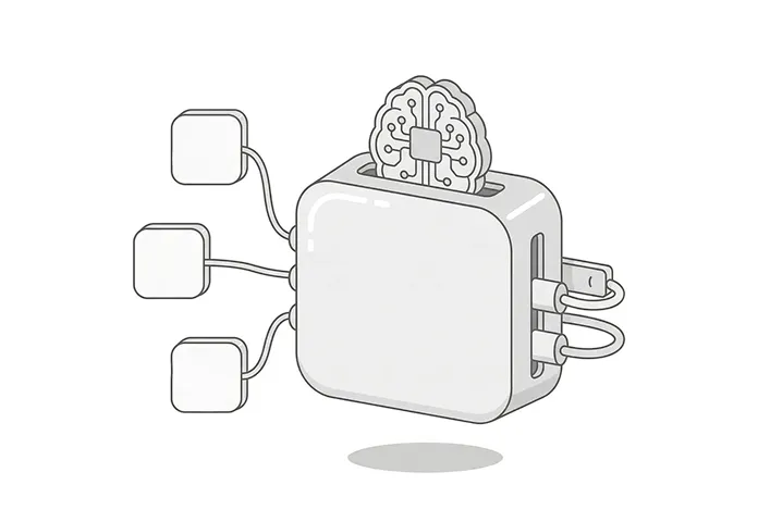 Illustration of a toaster with a brain-shaped computer chip popping out and connected to three input nodes and two plug cables.
