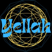 Yellow word in blue stylized font over a geometric pattern of yellow and dark lines forming circles and polygons.