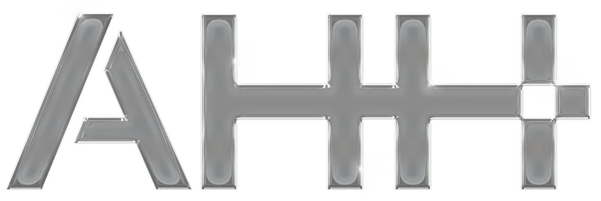 Black 3D stylized letters forming 'AHH+' with a reflective surface effect.