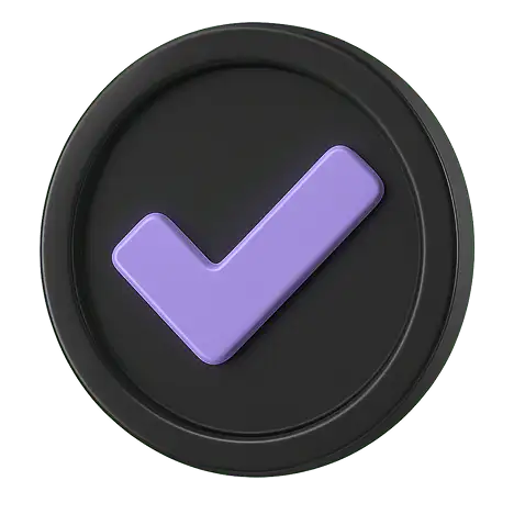 Purple checkmark icon on a black circular background.