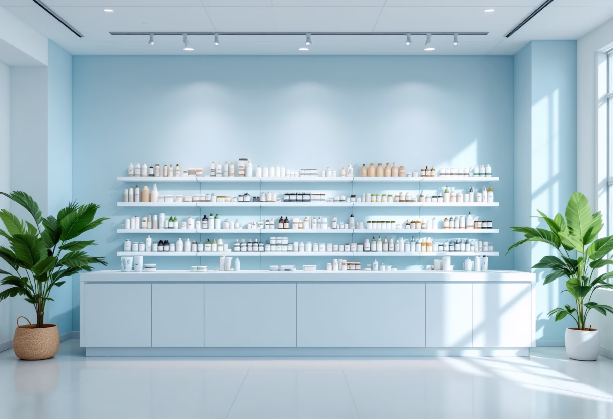 [background image] retail setting with neatly arranged products (for a pharmacy)