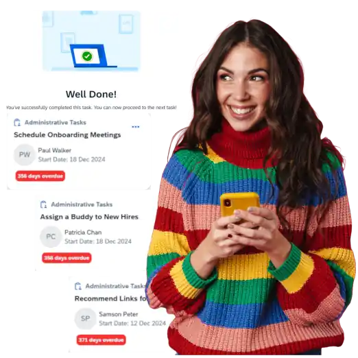 Woman standing with screenshots of elements from SuccessFactors Onboarding
