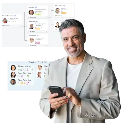 Woman standing with screenshots of elements from SuccessFactors Talent And Career Development