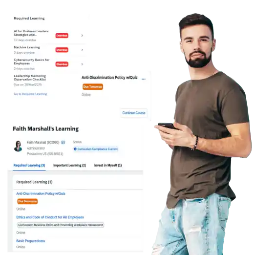 Woman standing with screenshots of elements from SuccessFactors LMS