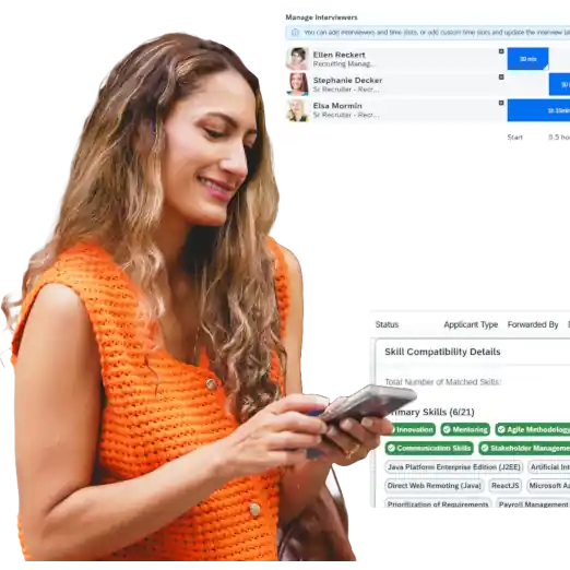 Woman standing with screenshots of elements from SuccessFactors Recruiting 