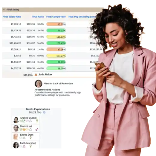 Woman standing with screenshots of elements from SuccessFactors Compensation