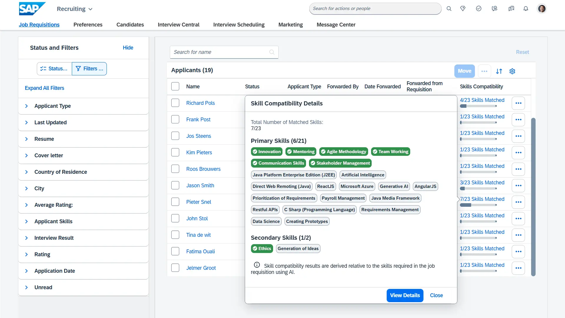 Recruiting candidate list