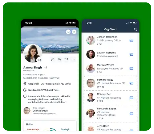 Employee profile and org chart on mobile