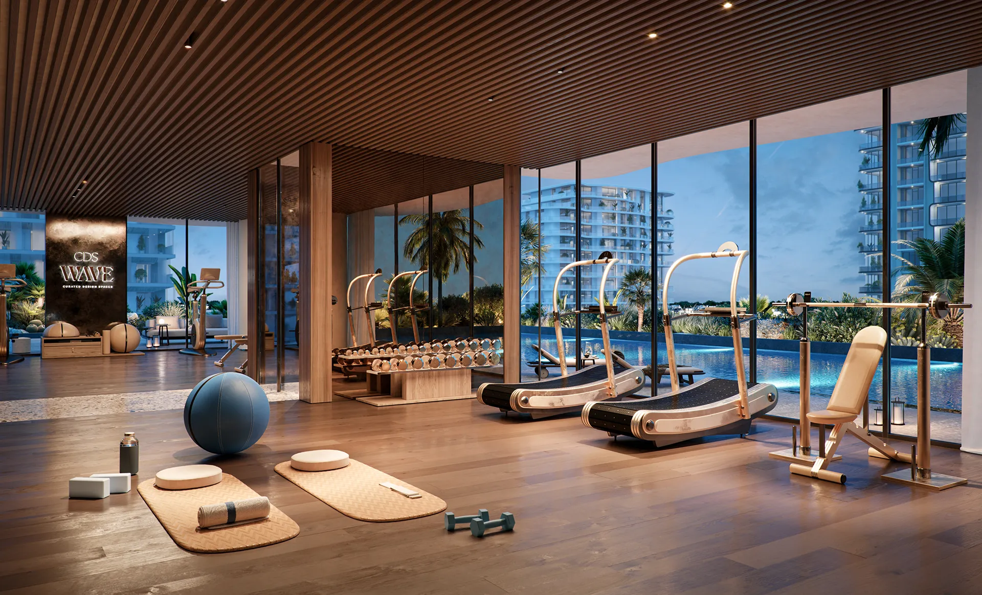 A modern, bright indoor gym featuring high-end fitness equipment, designed to enhance the wellness amenities of a luxury residential property.