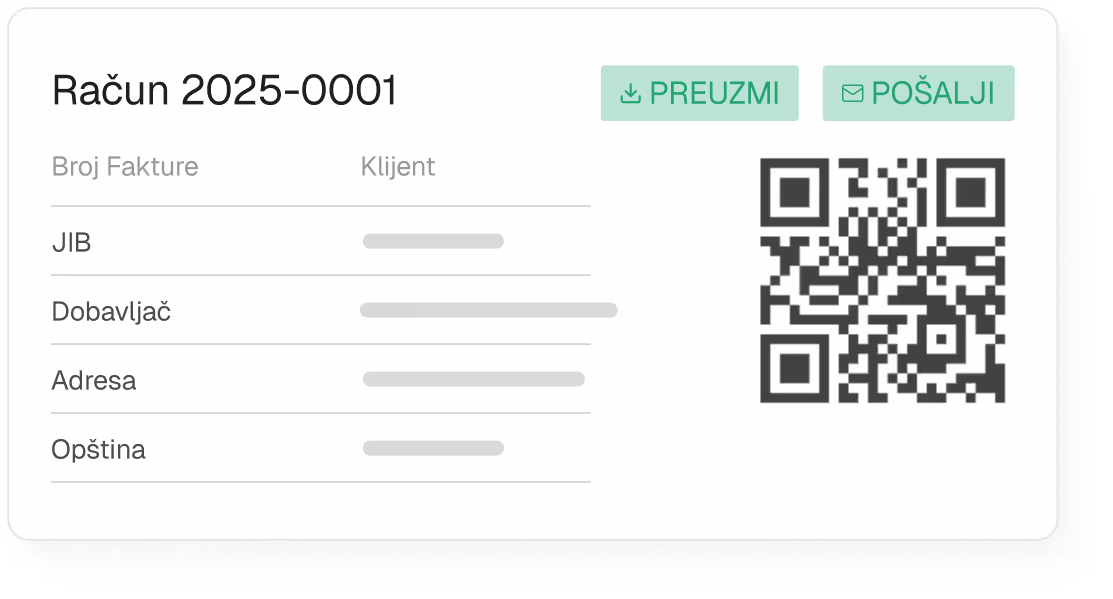 Digitalni račun broj 2025-0001 sa podacima o JIB-u, dobavljaču, adresi i opštini, uključujući QR kod i dugmad za preuzimanje i slanje.