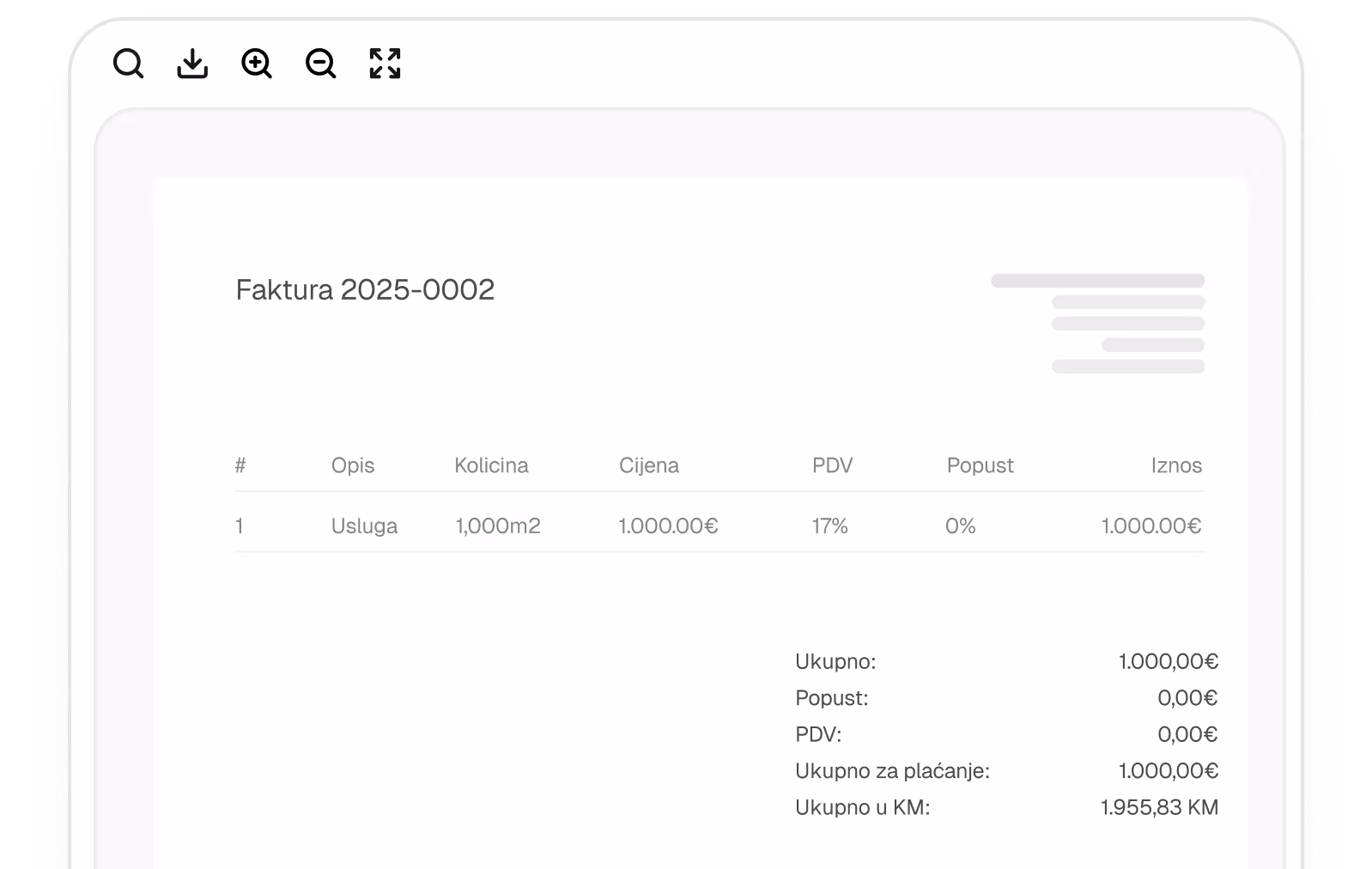 Faktura broj 2025-0002 sa jednom stavkom usluge od 1000 metara kvadratnih, cijenom 1.000,00€, PDV 17%, bez popusta i ukupnim iznosom 1.000,00€, ukupno za plaćanje 1.000,00€ i u predmetnoj valuti 1.955,83 KM.