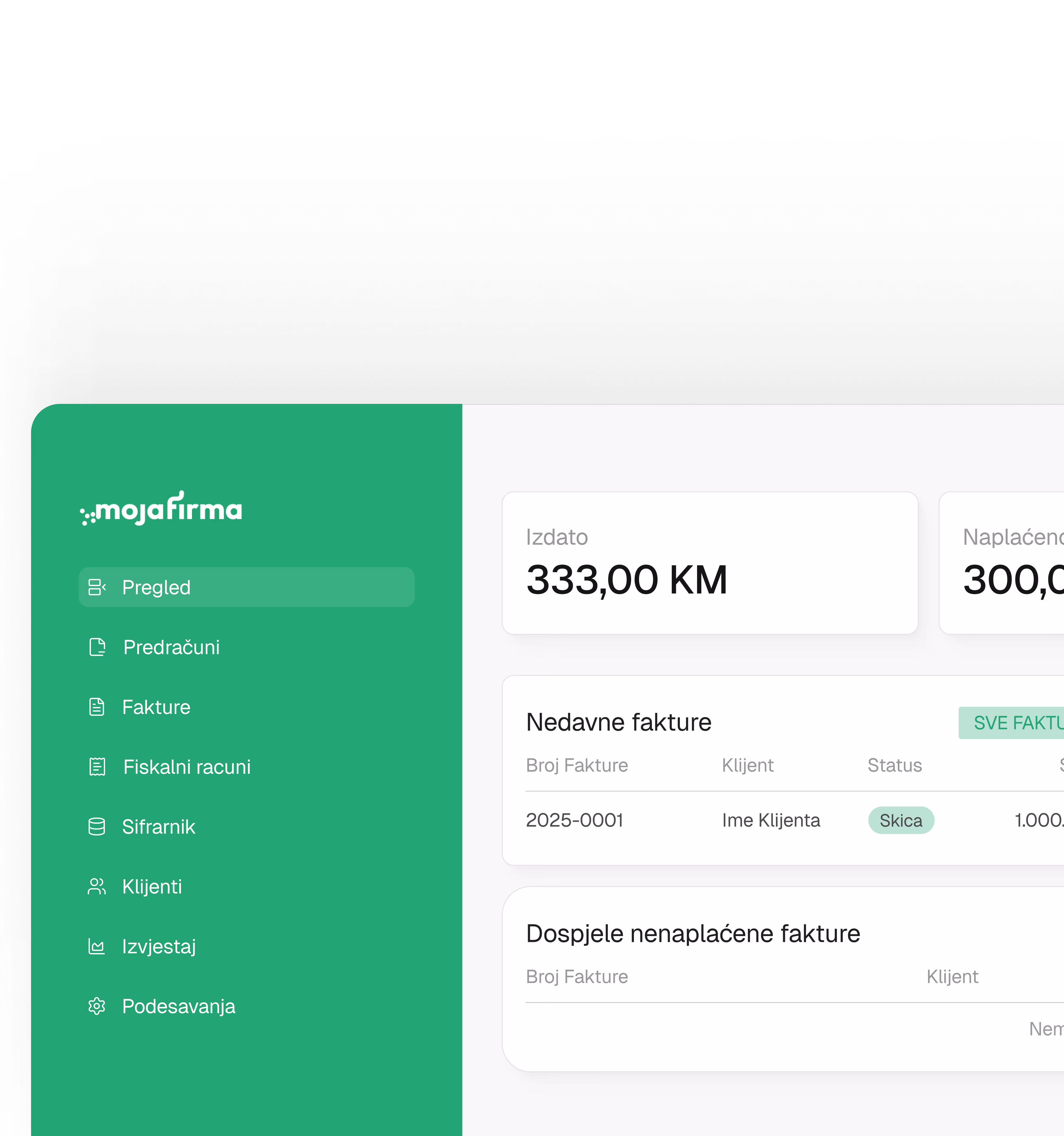 Prikaz upravljačke ploče finansijskog softvera sa sažetkom izdatih, plaćenih i neplaćenih računa te tabelama nedavnih i dospjelih faktura i predračuna.