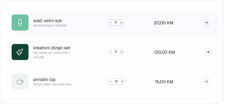Lista proizvoda u korpi koja prikazuje svež voćni sok, kreativni dizajn set i prirodni čaj sa količinom i cijenom u konvertibilnim markama.