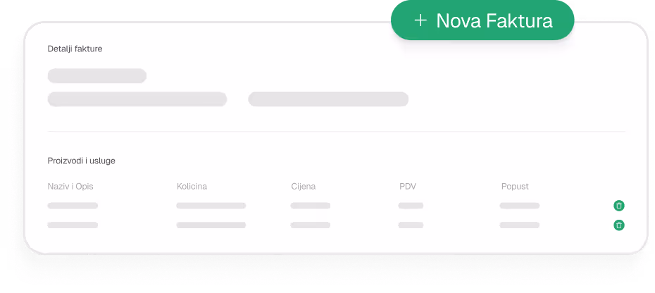 Ekran fakture sa sekcijama za detalje, proizvode i usluge, uključujući nazive, količine, cijene, PDV, popust i dugme za dodavanje nove fakture.