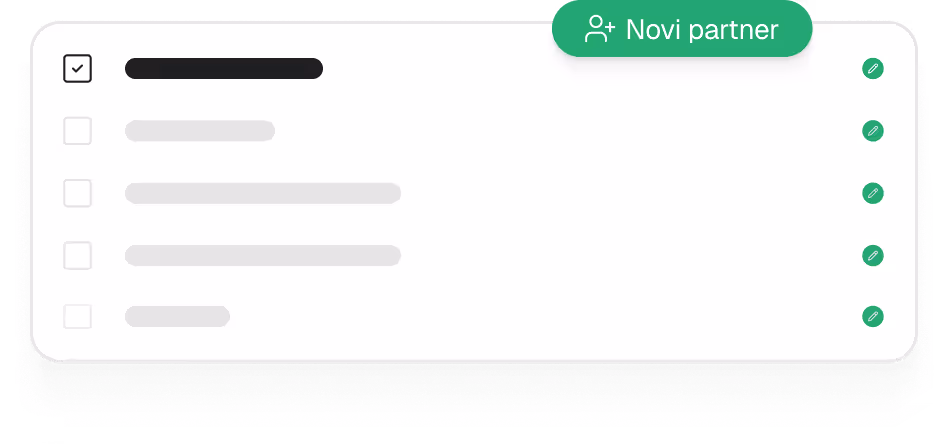 Lista partnera sa jednom označenom stavkom i dugmetom sa desne strane za uređivanje, te zelenim dugmetom 'Novi partner' u gornjem desnom uglu.